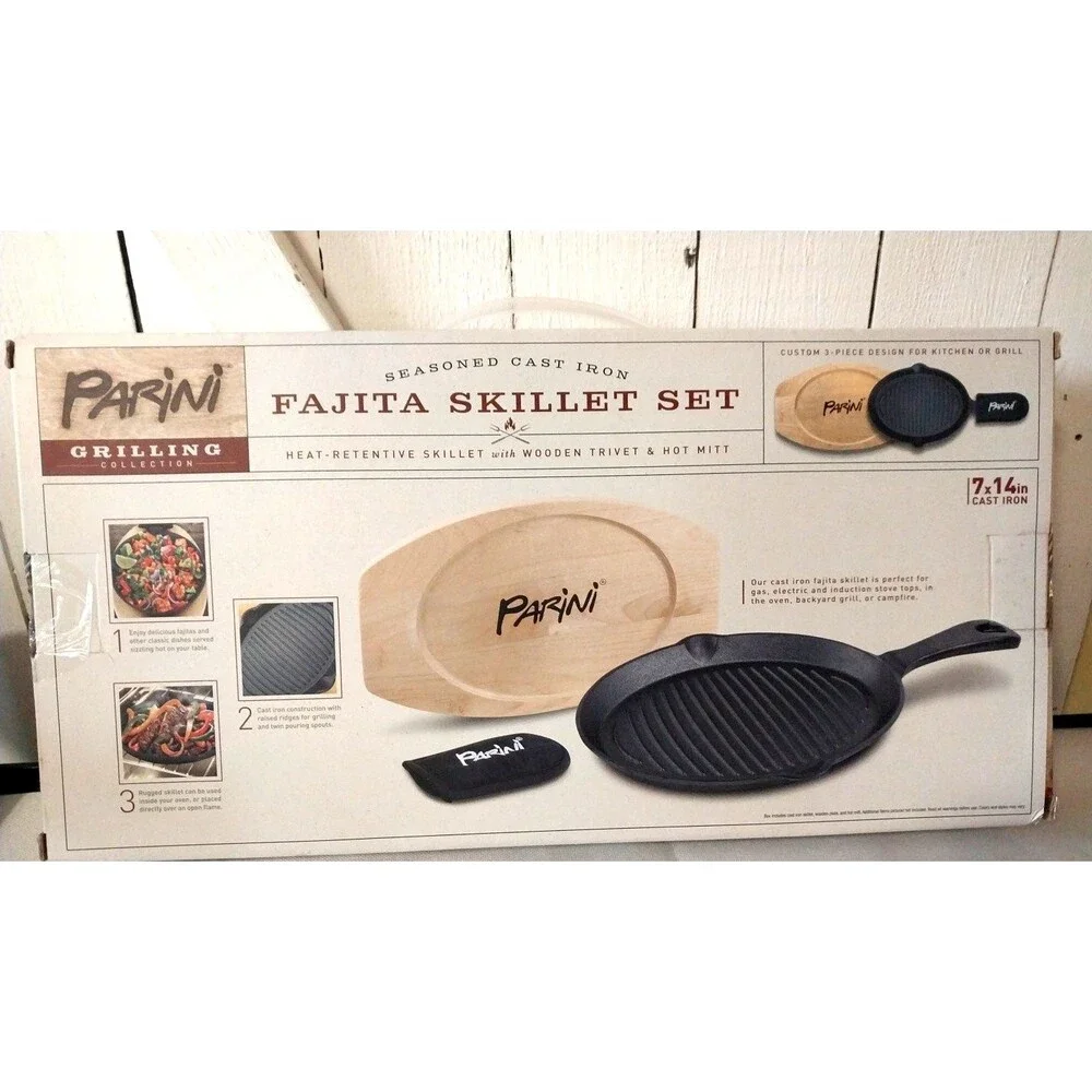 Seasoned Cast Iron Parini Fajita Skillet Set New